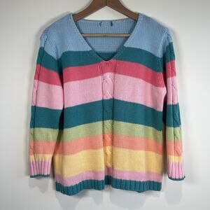 Pastel Rainbow Striped Knit Sweater Cable Knit Pullover Soft Cozy V-Neck Whimsy